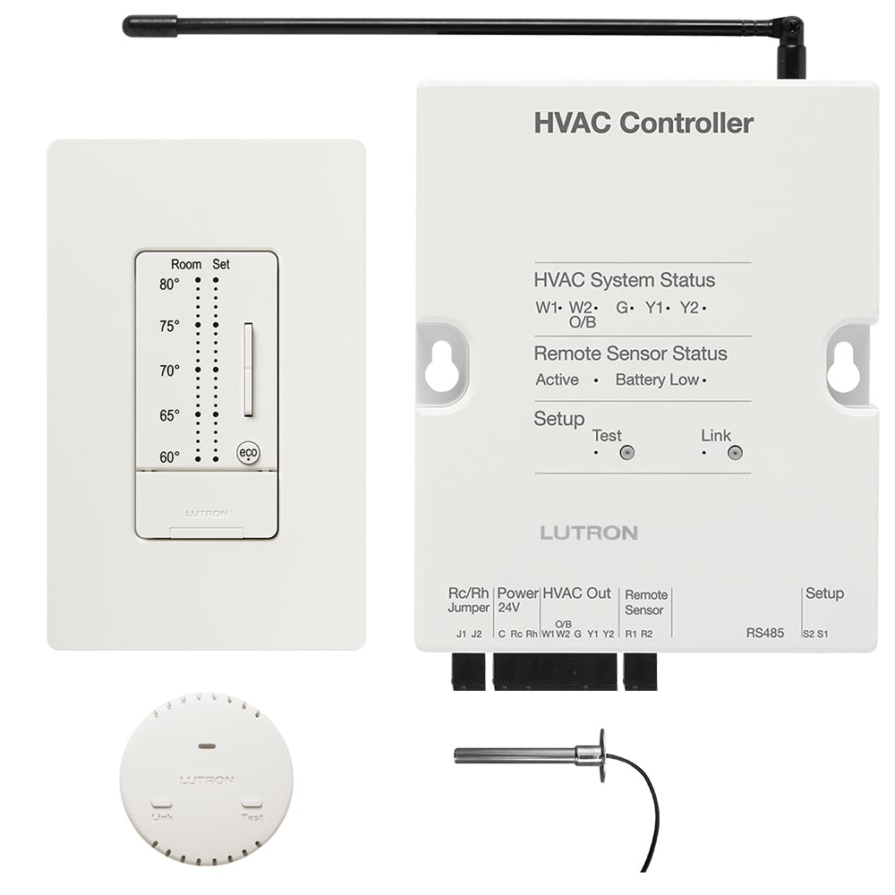 RadioRA 2 thermostat package, includes 1 HVAC controller, 1 seeTemp wall display, 1 wireless temperature sensor, and 1 wired return air duct sensor, in White finish