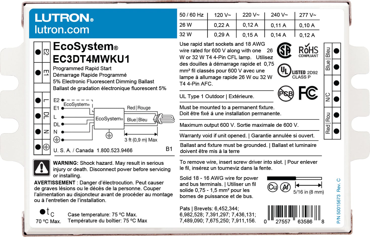 EcoSystem 5 percent 3-Wire and EcoSystem Digital Link Controlled T4 Compact, 1 lamp, ballast factor of 0.95, K-can, 26/32W