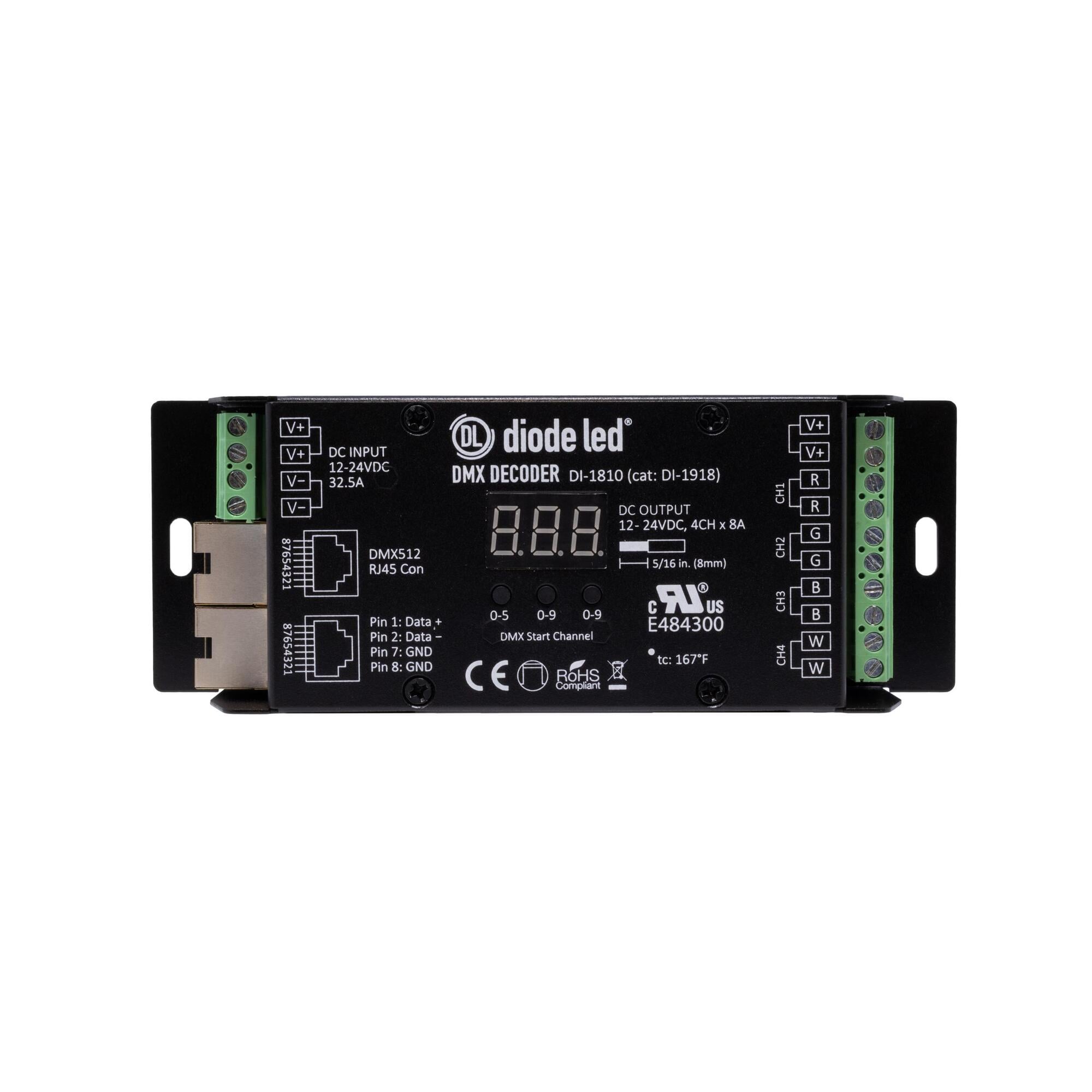 DMX512 4-Channel Decoder with Digital Display controls LED RGB and RGBW lighting fixtures
