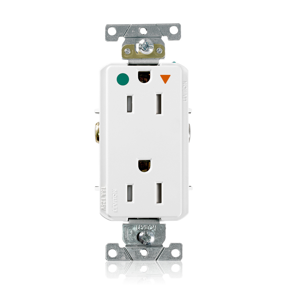 Decora Plus Duplex Receptacle, Tamper-resistant, Hospital Grade, Isolated Ground, 2-Pole 3-Wire Grounding, NEMA 5-15R, 15A-125V   Back And Side Wired, White. 1-Piece Ground.