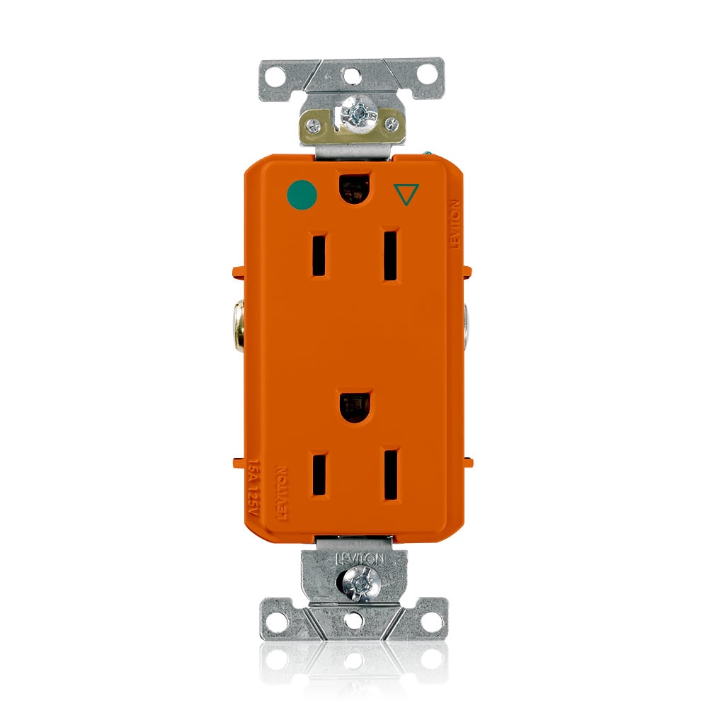 Decora Plus Isolated Ground Duplex Receptacle Outlet, Heavy-Duty Hospital Grade, Smooth Face, 15 Amp, 125 Volt, Back or Side Wire, NEMA 5-15R, 2-Pole, 3-Wire, Self-Grounding - Orange