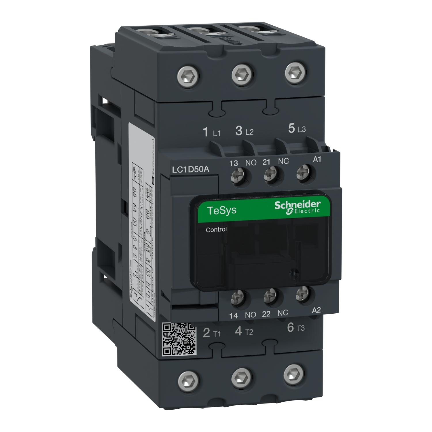 IEC contactor, TeSys Deca, nonreversing, 50A, 40HP at 480VAC, up to 100kA SCCR, 3 phase, 3 NO, 440VAC 50/60Hz coil, open