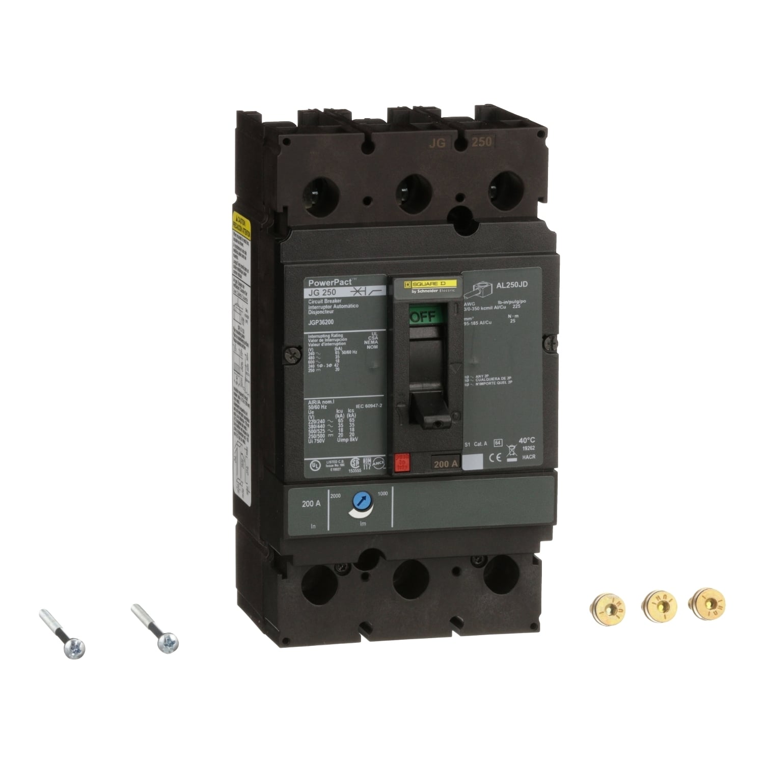 Circuit breaker, PowerPacT J, 200A, 3 pole, 600VAC, 18kA, lugs, thermal magnetic, 80%