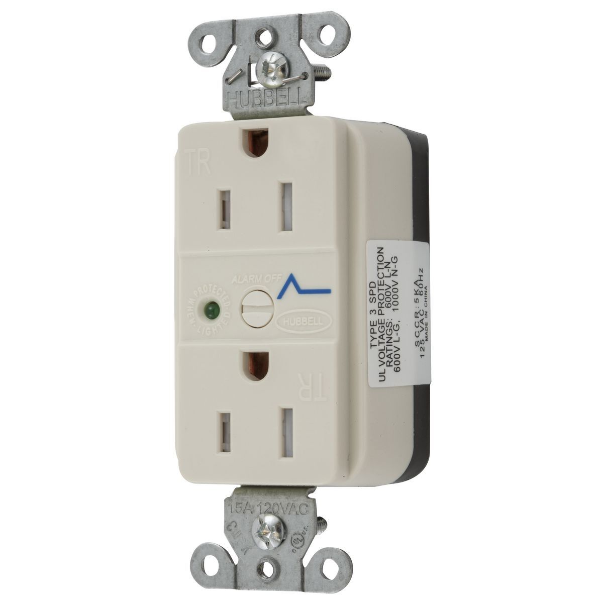 Straight Blade Devices, Receptacles, Duplex, SNAPConnect, 2-Pole 3-Wire Grounding, Surge supression, Tamper-Resistant, LED Indicator, 15A 125V, 5-15R, Nylon, Light Almond
