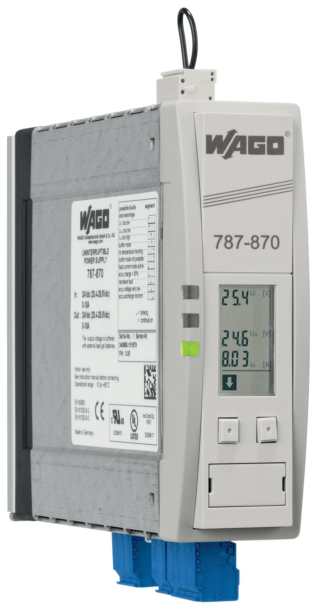 UPS charger and controller; 24 VDC input voltage; 24 VDC output voltage; 10 A output current; LineMonitor; communication capability; 2,50 mm