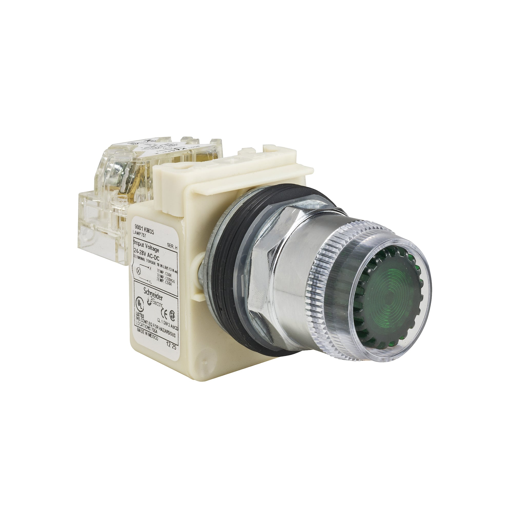 Illuminated push-button, Harmony 9001K, metal, plastic guard flush, green, 30mm, spring return, 24-28V, 1 C/O