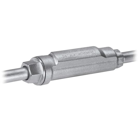 2 Inch XJG Conduit Expansion Coupling with Internal Bonding Jumper, Body Malleable Iron Zinc Plated, Internal Bonding Jumper Tinned Copper Braid, Packing PTFE/Synthetic Fiber Material, 4 Inch Movement