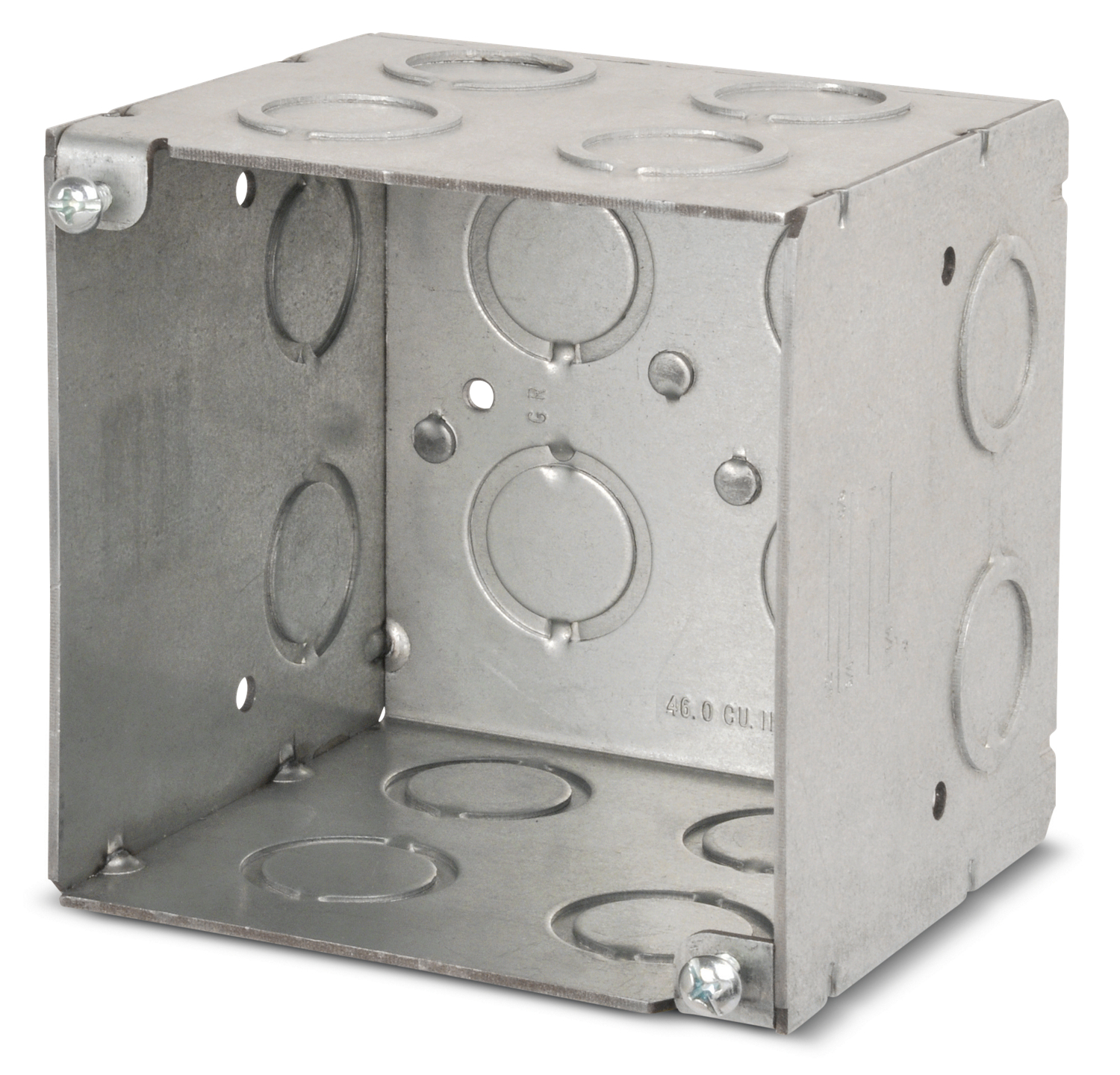 Square Box, 46.0 Cubic Inches, 4 Inch Square x 3-1/2 Inch Deep, 1/2 Inch and 3/4 Inch Eccentric Knockouts, Pre-Galvanized Steel, Welded Construction, For use with Conduit