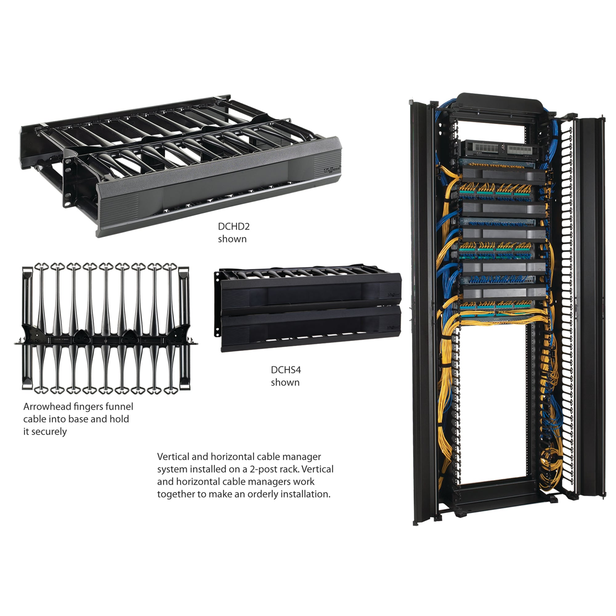 CableTek Horizontal Cable Manager 2U Single Sided, fits 19in, Black, Composite