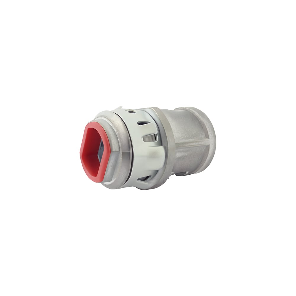 Zinc die-cast, 1/2" Knockout MC cable connector snaps quickly on to the conduit with internal spring steel clip and then snaps into knockout with an external spring steel clip no tools required. Concrete tight when taped. Has Rectangualer End stop and provided with insulated throat.