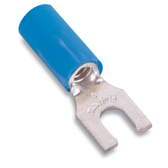 Nylon Insulated Locking Fork Terminal, Length .87 Inches, Width .29 Inches, Maximum Insulation .162, Bolt Hole #8, Wire Range #18-#14 AWG, Color Blue, Copper, Tin Plated, 1,000 Pack
