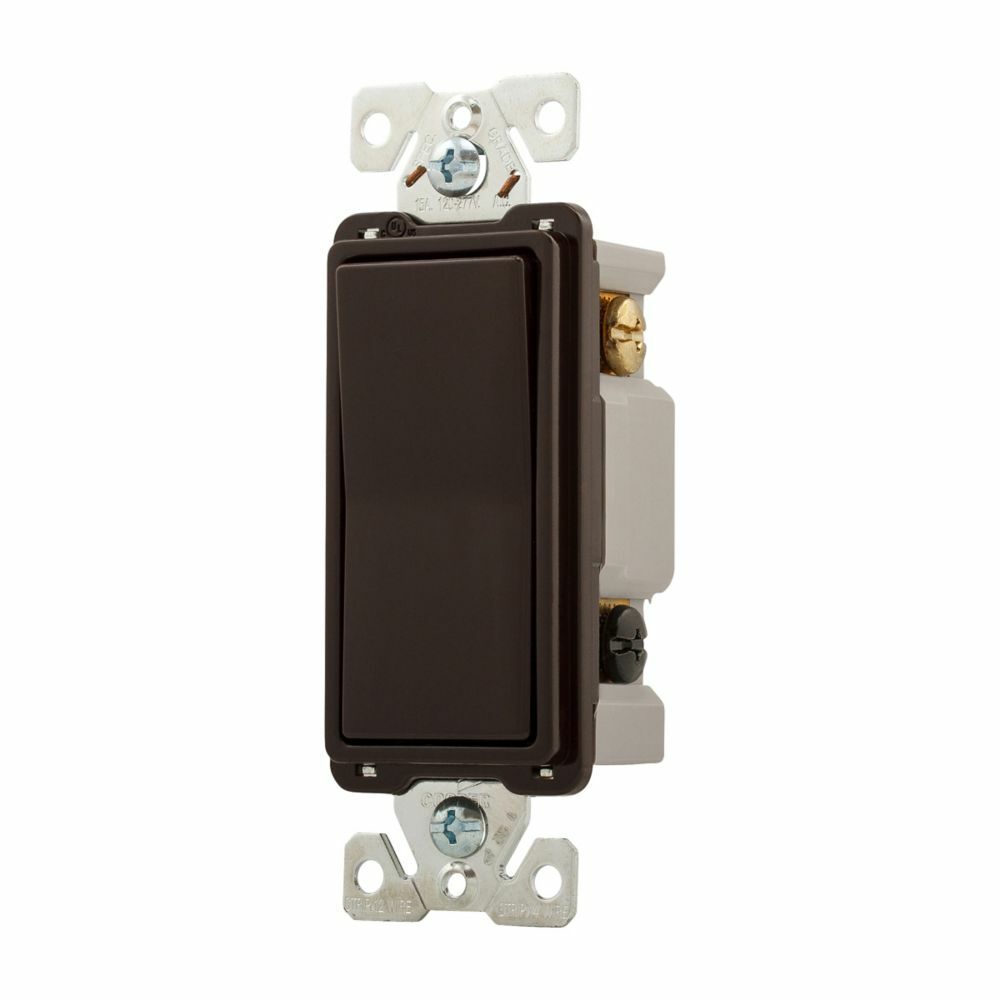 Eaton commercial grade decorator switch, Box, #14-10 AWG, 15A, Flush, 120/277V, Back/push, Antimicrobial paddle, Maintained, Brown, Motor Control, Fan, LED, Incand, ELV,MLV,CFL, Florscnt, Halogen, Four-way, Thermoplastic 647147