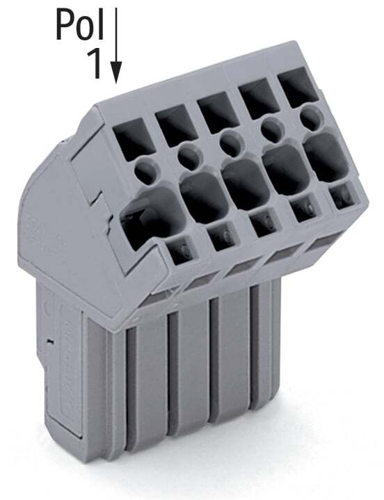 1-conductor female connector, angled; CAGE CLAMP; 4 mm; Pin spacing 5 mm; 15-pole; coding finger; 4,00 mm; gray