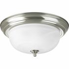 Two-light flush mount with dome shaped alabaster glass, solid trim and decorative knobs. Center lock-up with matching finial. Brushed Nickel finish.