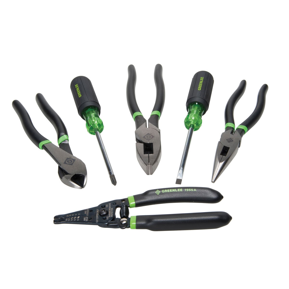Includes 6 essential premium quality hand tools:  3 Pliers forged from chrome vanadium steel, precision machined and laser hardened cutting edges offer greater durability and strength. Exceeds ANSME/ANSI specifications for maximum performance. 2-layer dipped grips for added comfort and slip resistance.  0351-08D 8 Long-Nose Pliers, 0251-08 8 Diagonal Cutting Pliers, 0151-09D 9 High Leverage Side-Cutting Pliers.  2 Screwdrivers Precision-machined tips for optimal fastener contact, high-grade rust resistant chrome plating, black phosphate coated tips to prevent surface chipping. Exceeds ANSME/ANSI specifications for maximum performance. Soft, cushioned grips for extra comfort and torque. Handles marked for easy identification.  0153-25C  x 4 Heavy Duty Slotted Screwdriver, Cabinet Tip, 0153-33C #2 x 4 Heavy Duty Phillips Screwdriver.  Professional wire stripper Machined stripping stations with positive stop for precise applications, curved handles with 2-layer PVC dipped for comfort, one-handed locking tab for added safety and protection of cutting edges.  1955A ProPlus Wire Stripper, 10-18 AWG