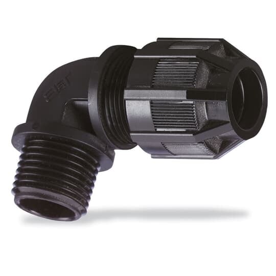 Liquidtight Strain Relief Connector, 90 Degree Bend, 1/2 Inch NPT Thread, Cable Range 0.125 Inch/3.2mm to 0.375 Inch/9.5mm, IP65 Rating, UV Resistant Polyamide 6.6 Body, Black