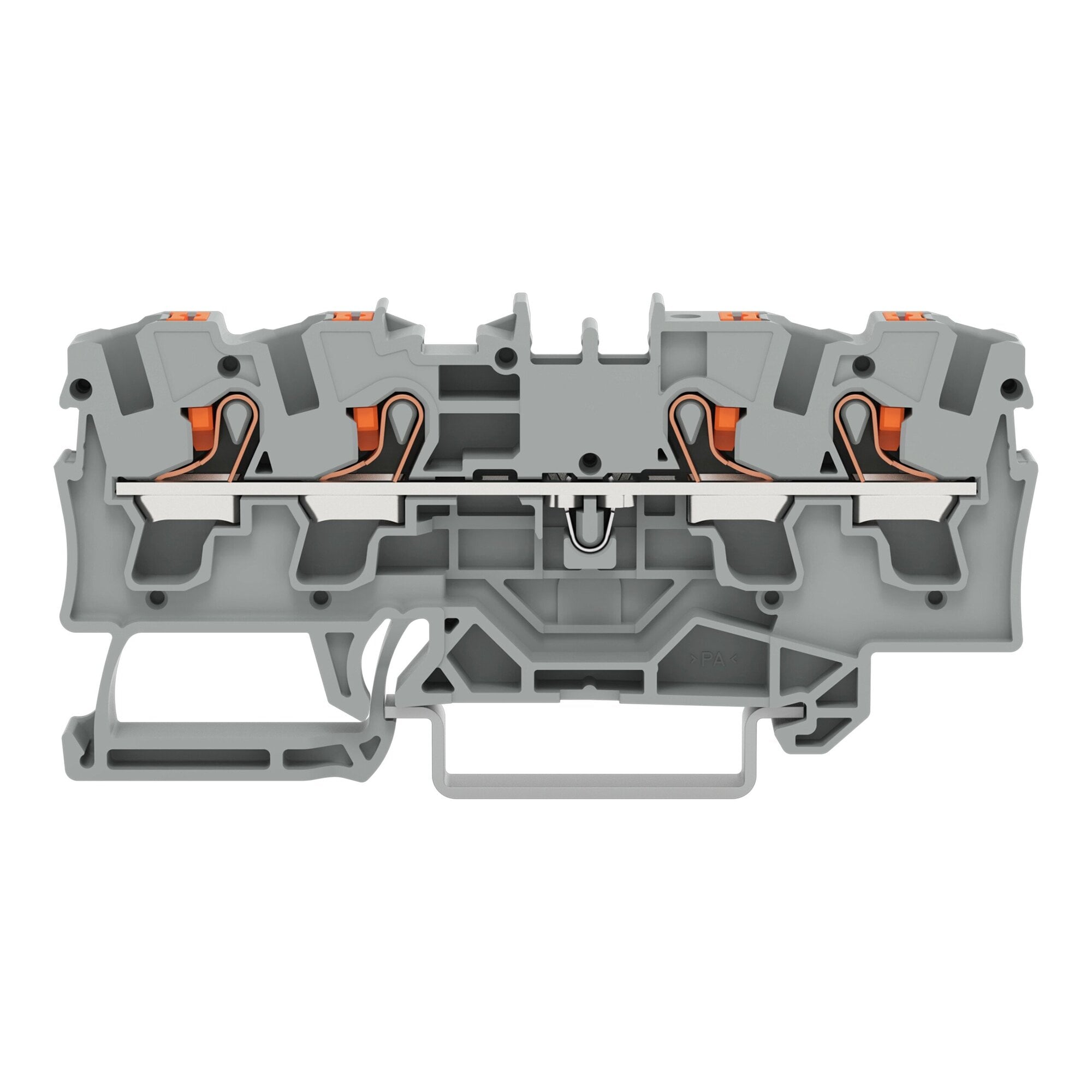 4-conductor through terminal block; with push-button; 4 mm; with test port; side and center marking; for DIN-rail 35 x 15 and 35 x 7.5; Push-in CAGE CLAMP; 4,00 mm; gray