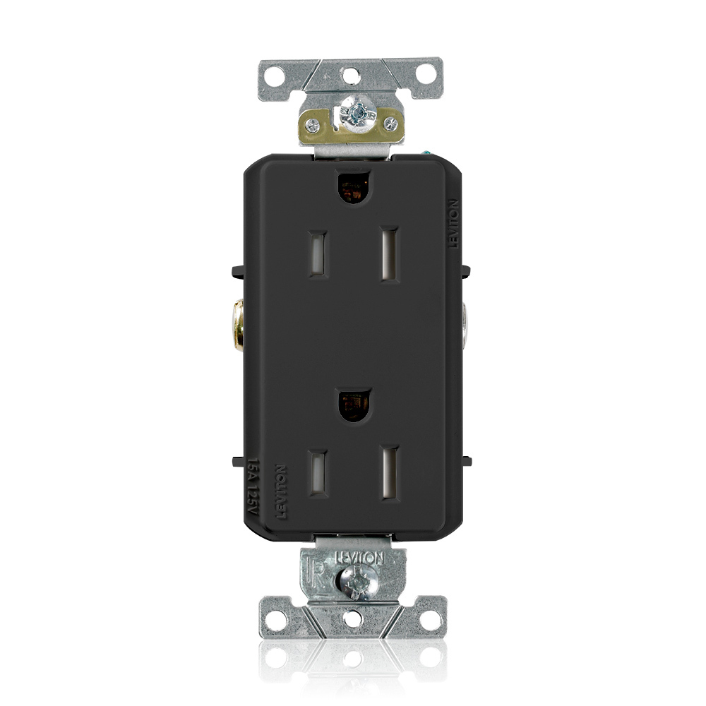 15 Amp, 125 Volt, Decora Plus Duplex Receptacle, Straight Blade, Tamper Resistant, Commercial Grade, Self Grounding, Black