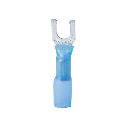 Heat Shrinkable Locking Fork Terminal, Length 1.350 Inches, Width .29 Inches, Maximum Insulation .200, Bolt Hole #10, Wire Range #16-#14 AWG, Color Blue, Copper, Tin Plated