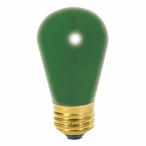 Incandescent Indicator & Sign Lamp, Designation: 11S14/G, 130 V, 11 WTT, S14 Shape, E26 Medium Base, Ceramic Green, CC-9 Filament, 2500 HR, 3-1/2 IN Length, 1-3/4 IN Diameter