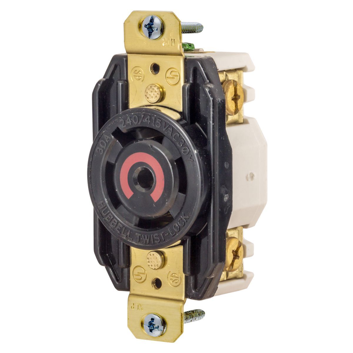 Locking Devices, Twist-Lock,Single Flush Receptacle, 30A, 4 Pole, 5 Wire Grounding, 240/415 VAC, 3 Phase Y, NEMA L26-30R, Black Nylon