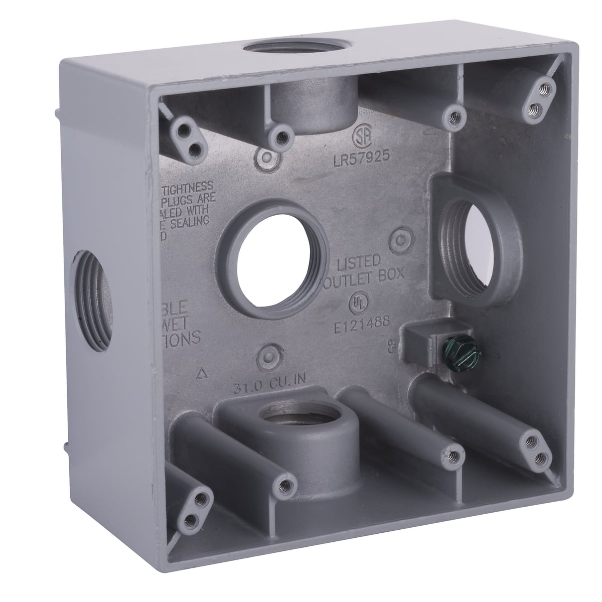 2G WP BOX (5)3/4 IN OUTLETS W/SIDE HOLES GRAY