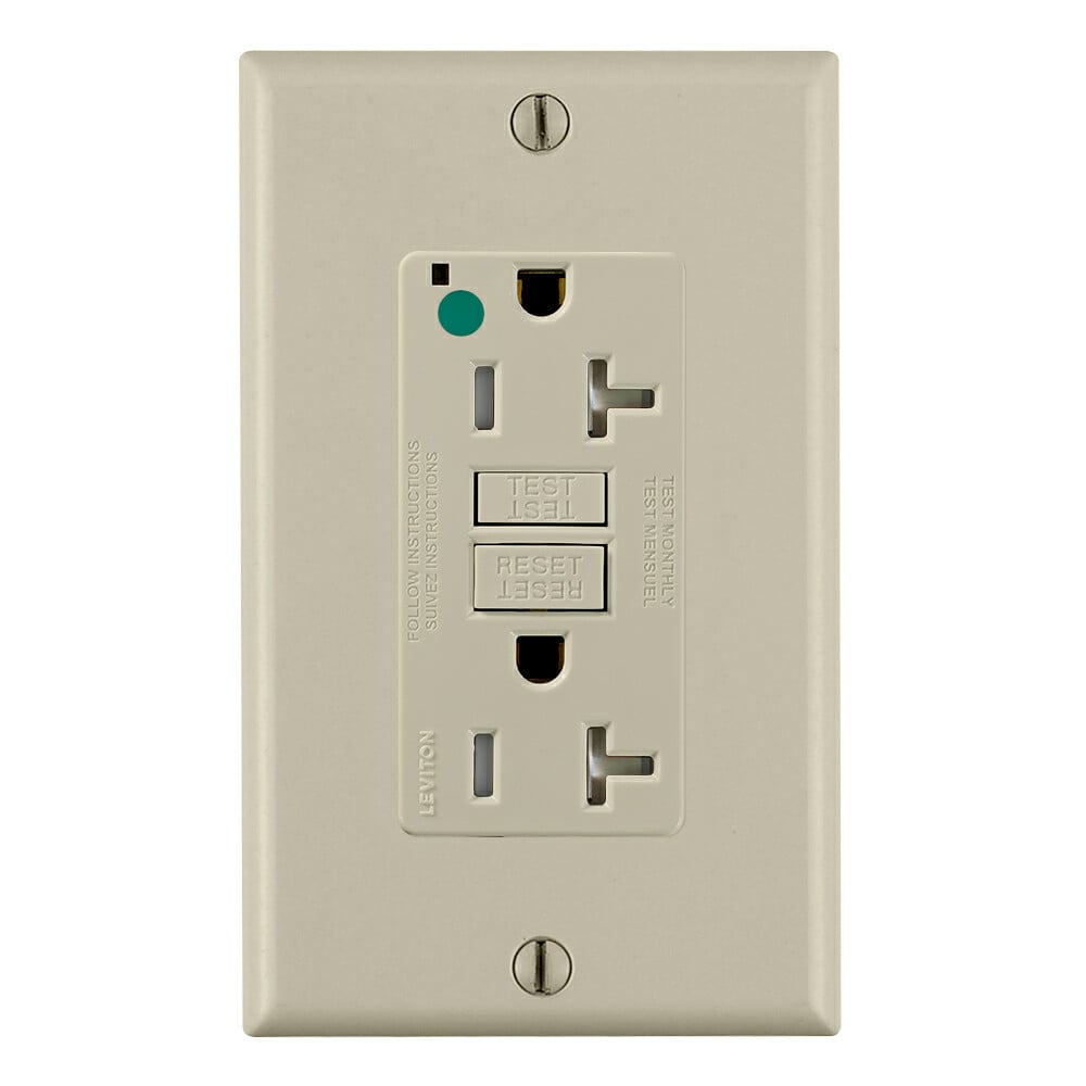 20 Amp, 125 Volt, SmartlockPro Slim Self-Test GFCI Receptacle, NAFTA Compliant,  FED-SPEC, Hospital Grade, Tamper-Resistant, NEMA 5-20R, 20A Feed-Through, 2P, 3W, Matching Wallplate Included - Ivory