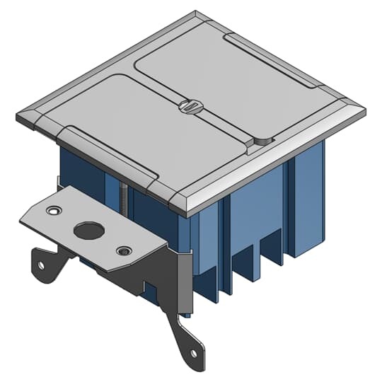 Double Gang Adjustable Residential Floor Box, 34 Cubic Inches, Cover Stainless Steel, Non-Metallic, Tamper Resistant Duplex Receptacle