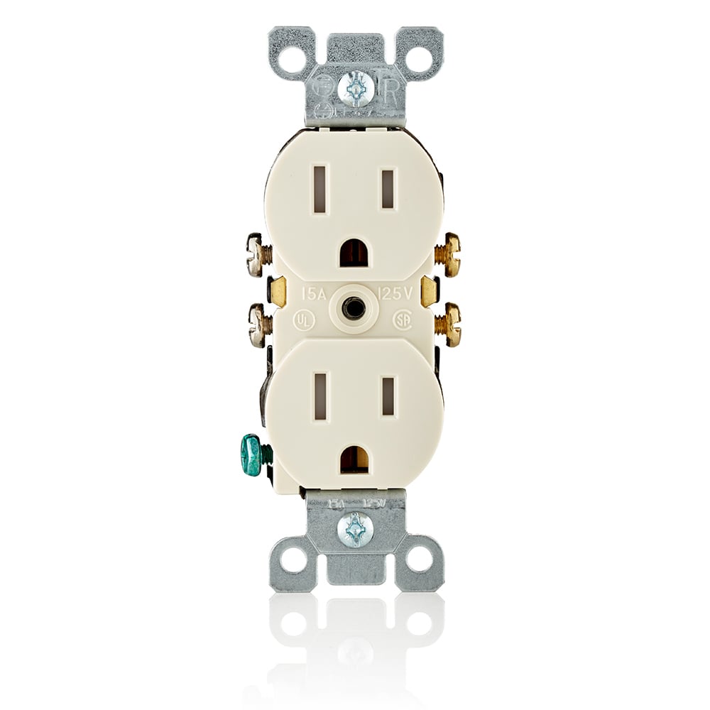 15 Amp, 125 Volt, NEMA 5-15R, 2P, 3W, Duplex Receptacle, Tamper Resistant, Straight Blade, Residential Grade, Grounding, All Screws Backed Out, With Ears, Quickwire Push-In & Side Wired, Steel Strap - Lt Almond,  2008 NEC Compliant