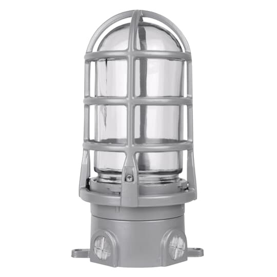 Ceiling Mount Cross Feed Box Cap with Globe, Hub Size 1/2 Inch, Aluminum, with Gaskets, Socket with Leads, Screws, 4 Closure Plugs, Cast Mounting Lugs, and Cast Guard, 100 Watt Maximum