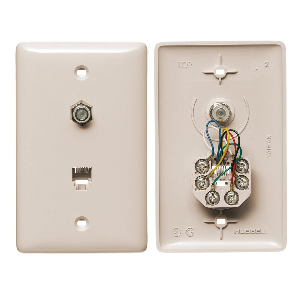 Plates, 1-Gang, With F Connector, Jack, 6-Position 6-Conductor, Screw Terminal, Light Almond