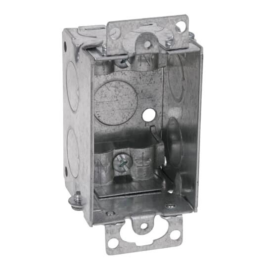 Gangable Switch Box, 10.5 Cubic Inches, 3 Inches Long x 2 Inches Wide x 2 Inches Deep, 1/2 Inch Knockouts, Pre-Galvanized Steel, Non-Metallic Cable Clamps (C-5), Adapts to Any Wall Thickness up to 3/4 Inch, and Ears Flush for Old Work, For Non-Metallic Sheathed Cable