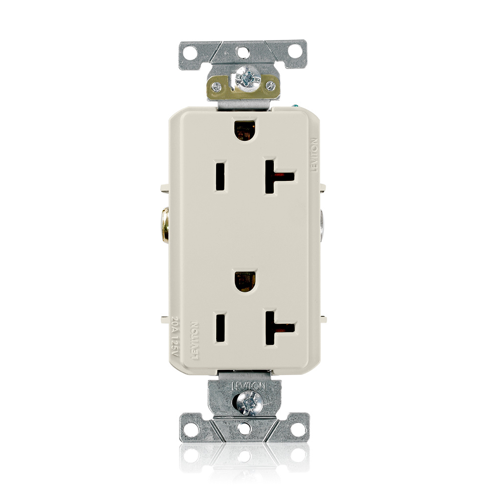 20-Amp, 125-Volt, Decora Plus Duplex Receptacle, Straight Blade, Commercial Grade, Self Grounding, Light Almond