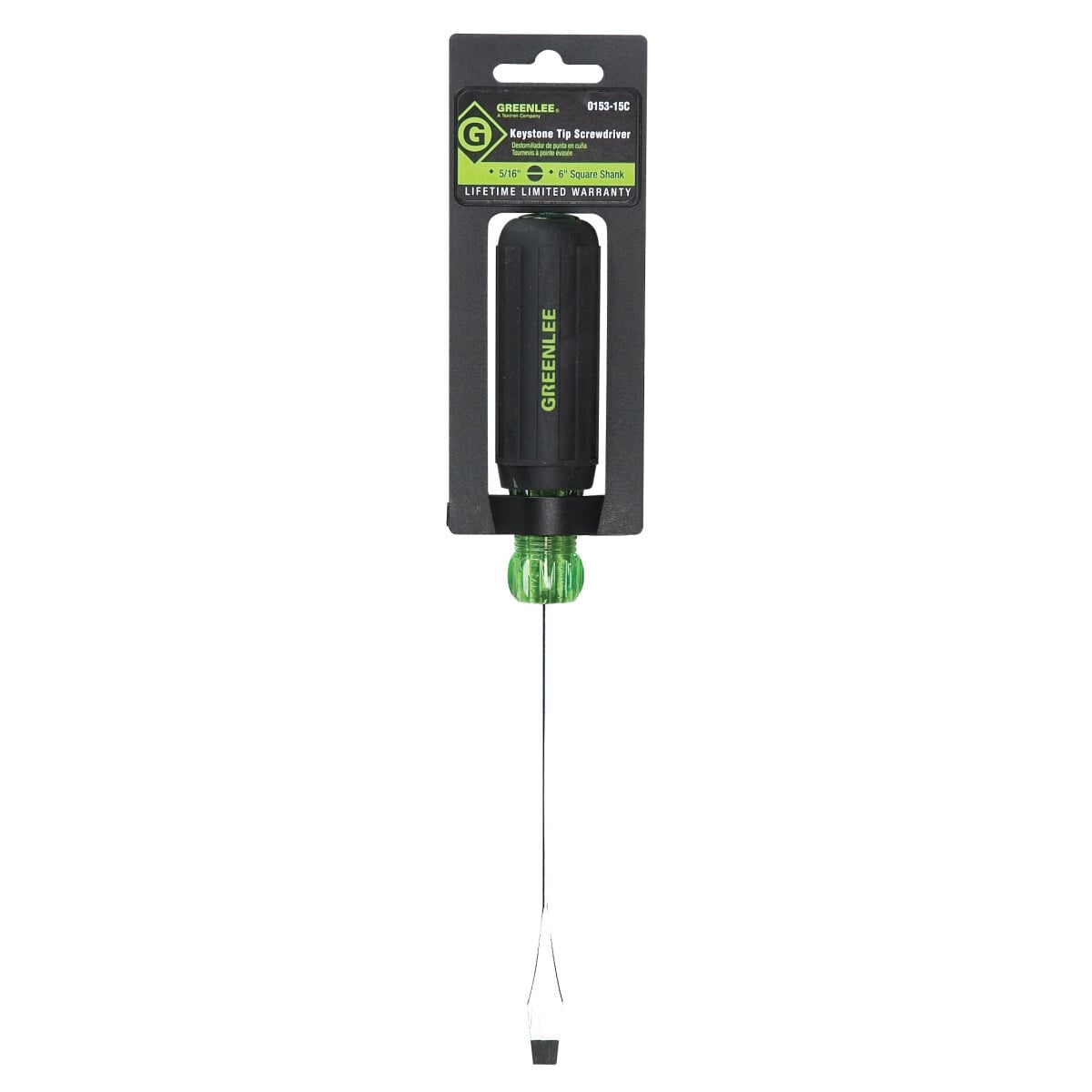 Heavy-Duty Keystone Tip Screwdriver 3/8" x 8".  Square shank allows use of wrench or pliers for added torque.  Precision-machined tips for exact fit.  Handle marked for easy identification of screwdriver size, type and length.  Strong, durable black phosphate tips prevent chipping of plating.  Soft, cushioned grip for extra comfort and torque.  Exceeds ASME/ANSI specifications.  Lifetime limited warranty.  Note: This is not an insulated tool.