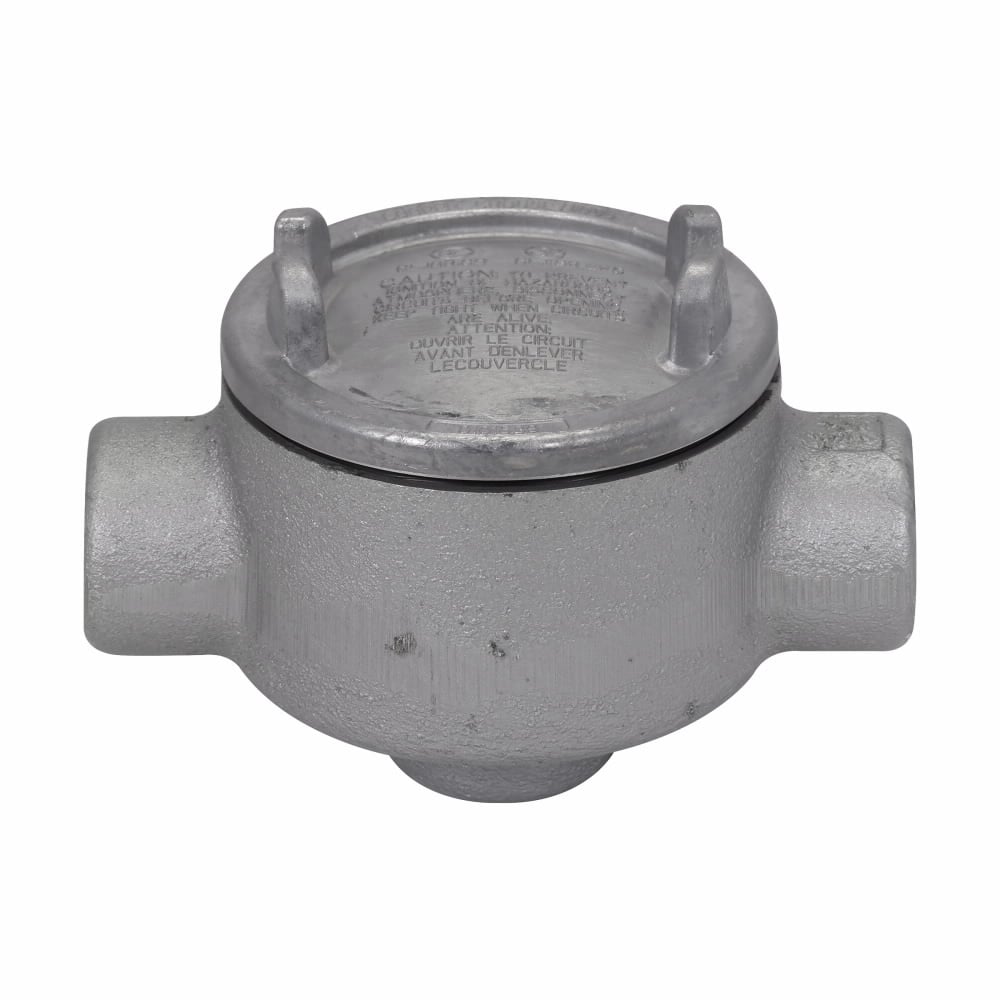 Eaton Crouse-Hinds series Condulet GUA conduit outlet box with cover, 3" cover opening diameter, Feraloy iron alloy, D shape, 3/4"