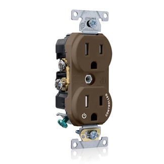 Tamper Resistant Duplex Receptacle, 2-Pole 3-Wire, NEMA 5-15R, 15A-125, Brown, Back And Side Wired, Commercial Spec Grade, Hot Terminal Split W/1 Plug Controlled Markings Universal Marking Orientation