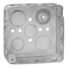 Square Box, 21 Cubic Inches, 4 Inch Square x 1-1/2 Inch Deep, 1/2 Inch and 3/4 Inch Knockouts, Pre-Galvanized Steel, with Grounding Bump, For use with Conduit