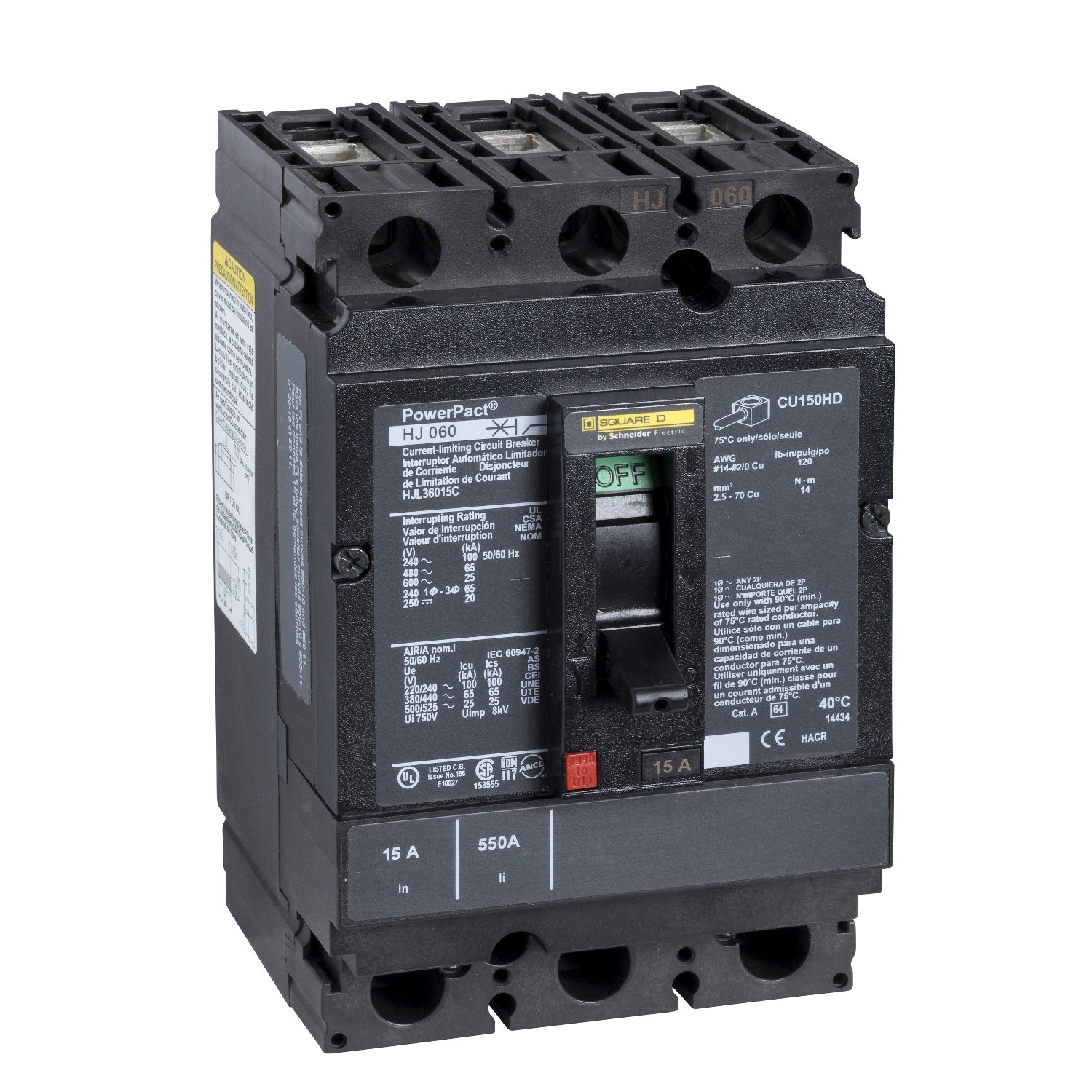 Circuit breaker, PowerPacT H, 15A, 3 pole, 600VAC, 25kA, lugs, thermal magnetic, 100%