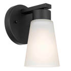 The Stamos 4.25" 1 Light Wall Sconce adds a soft modern touch. Its Satin Etched Glass shade softly adds dimension, while its Black finish keeps it modern. Transform your hallway, small spaces or bathroom with one light or larger spaces with multiples.