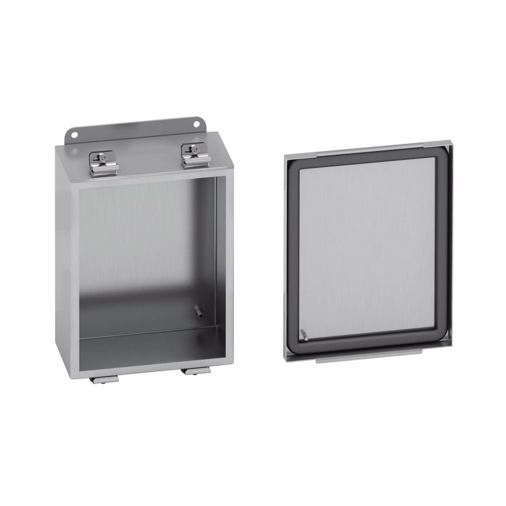 Eaton B-Line series JIC panel enclosure, 8" height, 4" length, 8" width, NEMA 4X, Screw cover, 4XSLC enclosure, Wall mount, Small single door, External mounting feet, 304 stainless steel, Seamless poured in-place gasket