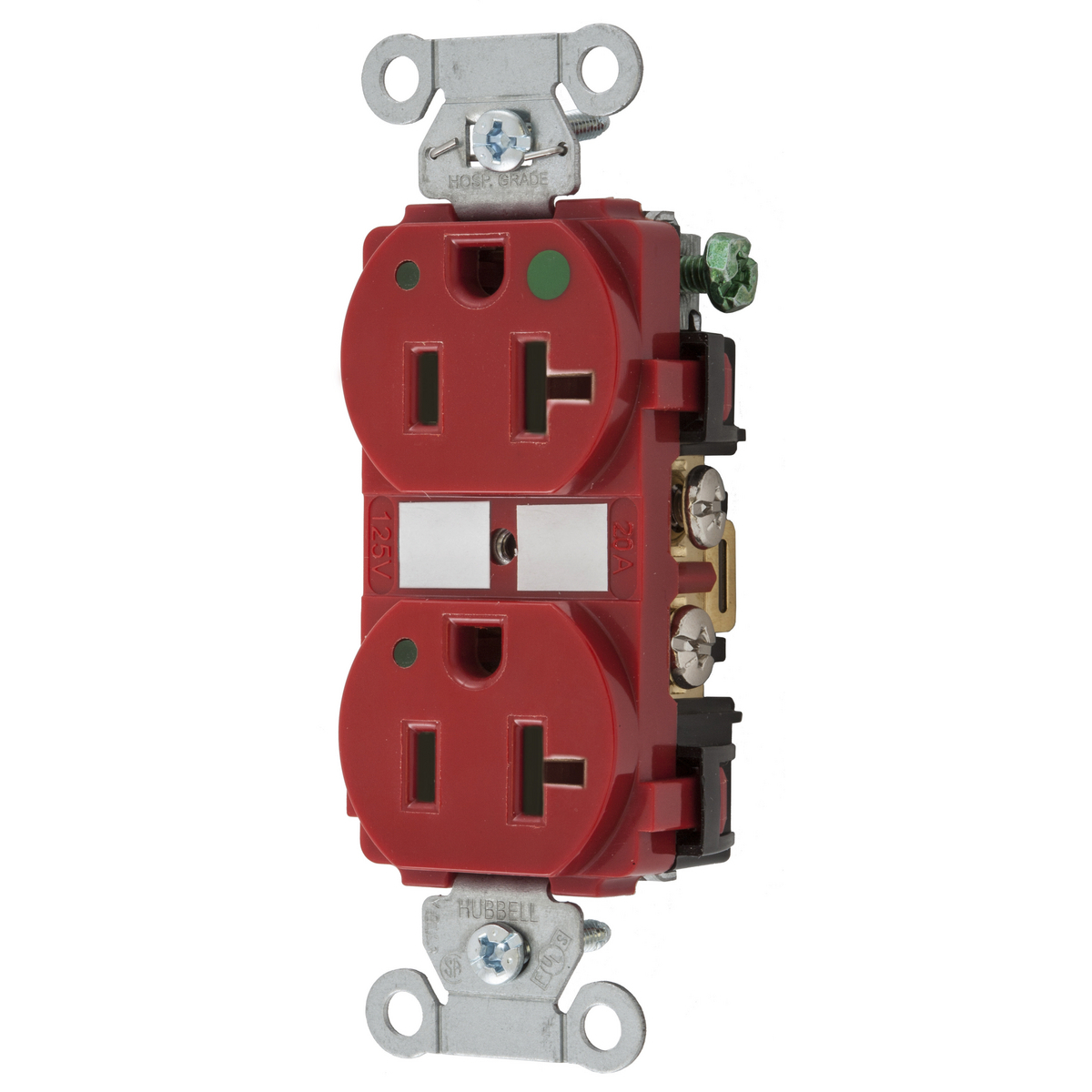 Straight Blade Devices, Duplex Receptacle, Hospital Grade, Hubbell-Pro, LED Indicator, 20A 125V, 2-Pole 3-Wire Grounding, 5-20R, Red