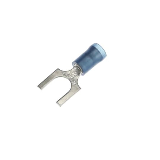 Nylon Insulated Fork Terminal, Length .95 Inches, Width .44 Inches, Maximum Insulation .190, Bolt Hole 1/4 Inch, Wire Range #18-#14 AWG, Color Blue, Copper, Tin Plated, 100 Pack