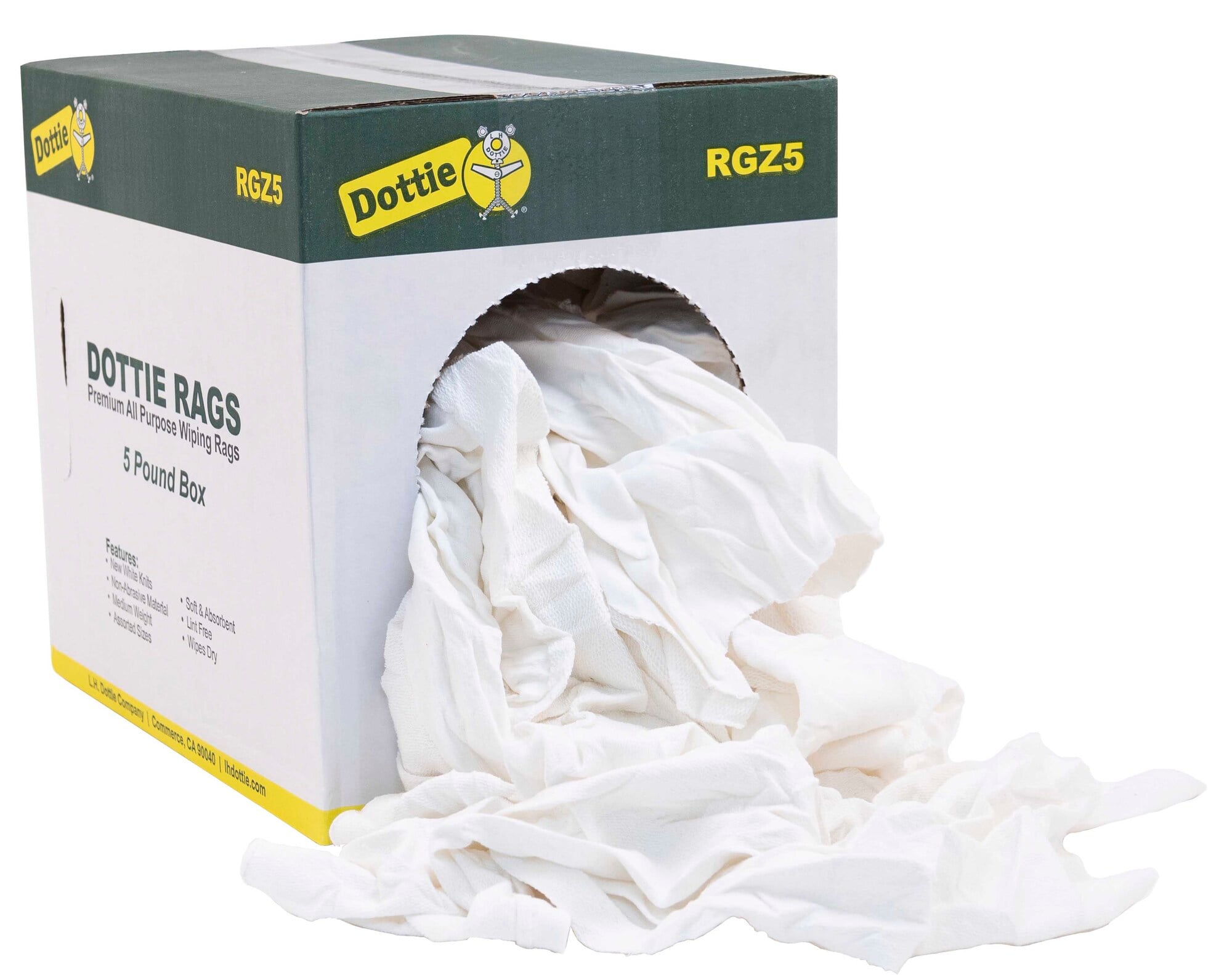 Wiping Rag, White, Features-New Bleached Knit Rags, Medium Weight, Soft, Absorbent, Low Lint, 5 pound box