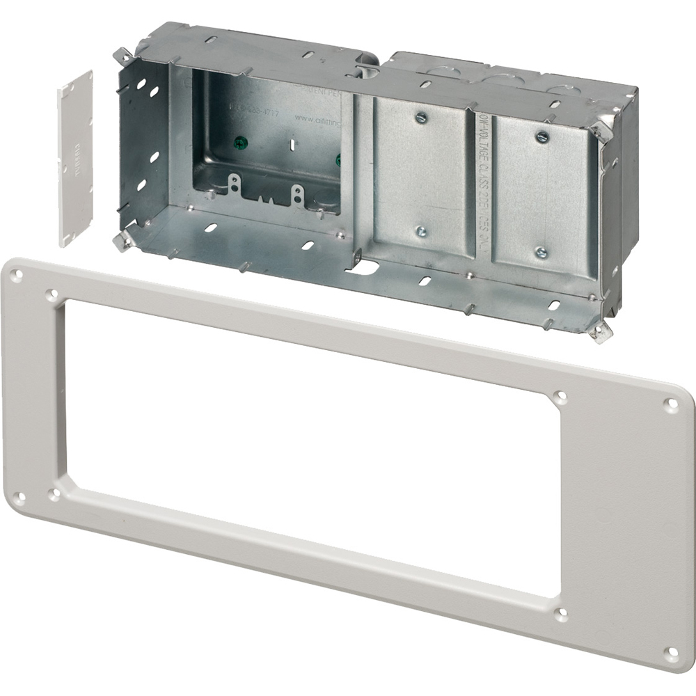 Recessed Steel TV BOX. For new or existing construction. Comes with low voltage divider. Color White. 4 Gang. (2) Power and (2) Low Voltage.