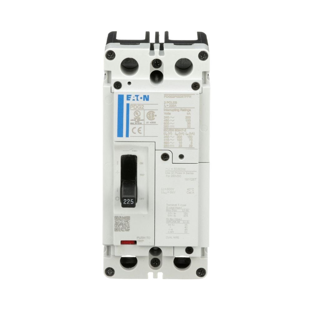 Eaton Power Defense molded case circuit breaker, Globally Rated, Frame 2, Two Pole, 50A, 65kA/480V, T-M (Fxd-Fxd) TU, Standard Terminals Load Only (PDG2X2T100)