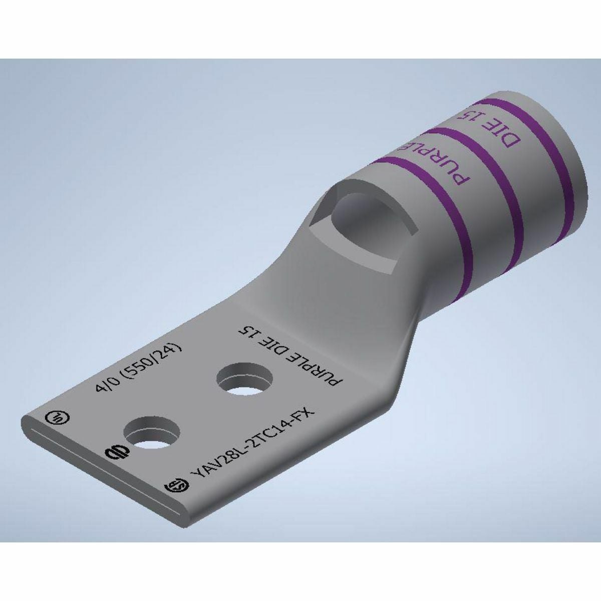 4/0 Flex G,H,I,K,M,DLO, 4/0 AWG CU, Two Hole, 1/4 Stud Size, 5/8 Hole Spacing, Standard Barrel, Inspection Window, Internal Chamfer, Tin Plated, UL/CSA, 90?C, Up to 35kV, Purple Color Code, 15 Die Index.
