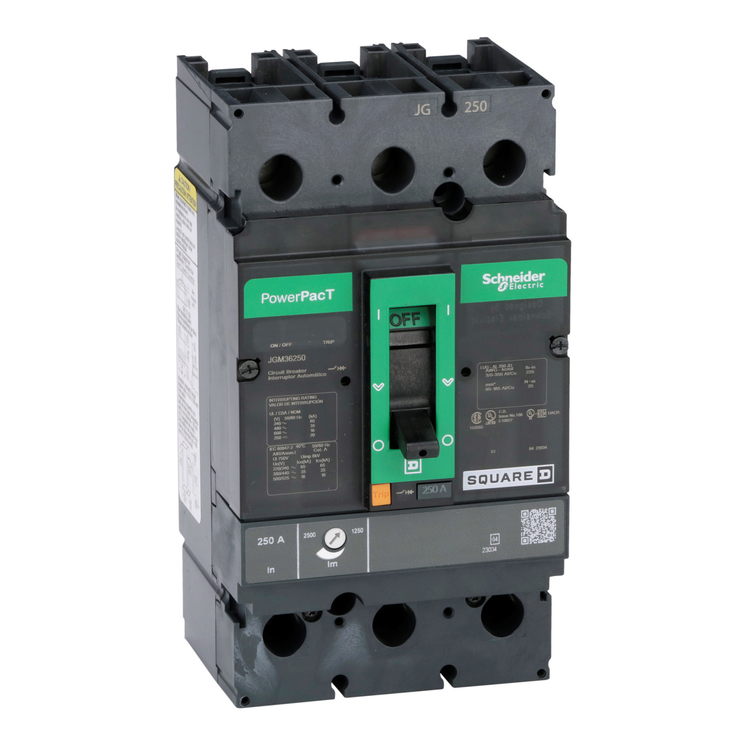 Circuit breaker, PowerPacT J, 250A, 3 pole, 600VAC, 18kA, lugs, thermal magnetic, 80%