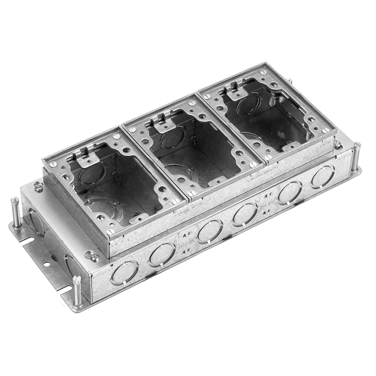 Flush Concrete Floor Box Series, 3-Gang, Rectangular, Galvanized Stamped Steel Box, Shallow, Fully Adjustable, Aluminum Top