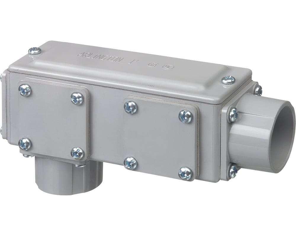 Non-Metallic. five conduit bodies in one. Ships as an LB but converts to a T, LL, LR, or C. Trade Size 2-1/2"