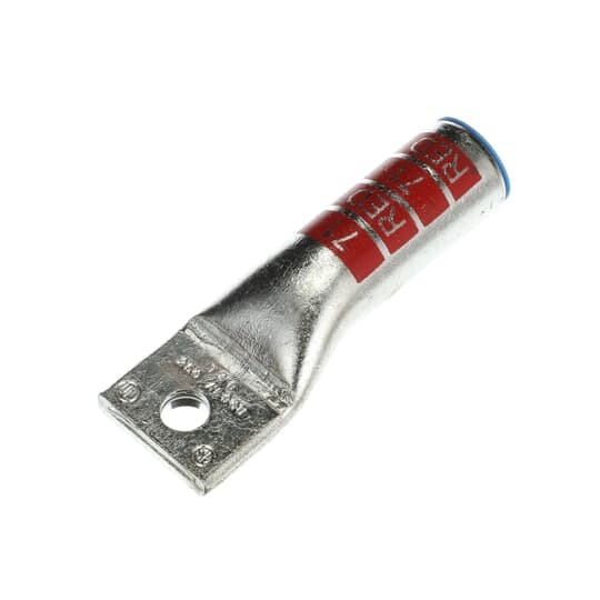 Aluminum One-Hole Lug, Long Barrel, Blind End, Max 35kV, 250 kcmil Wire, 3/8 Inch Bolt Size, Tin Plated, Die Code 71, Die Color Code Red